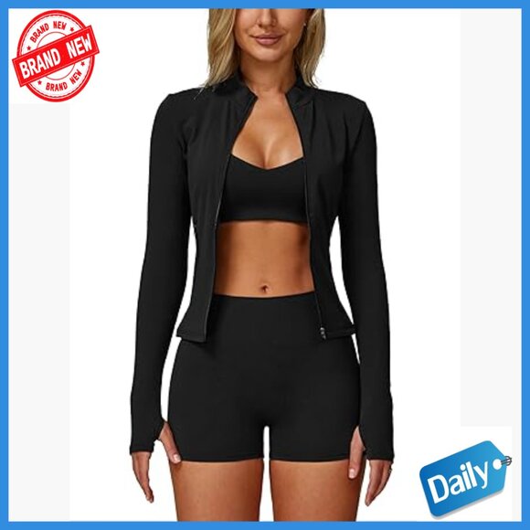 High Waisted Seamless 3-Piece Workout Set with Jacket Sports Bra Shorts